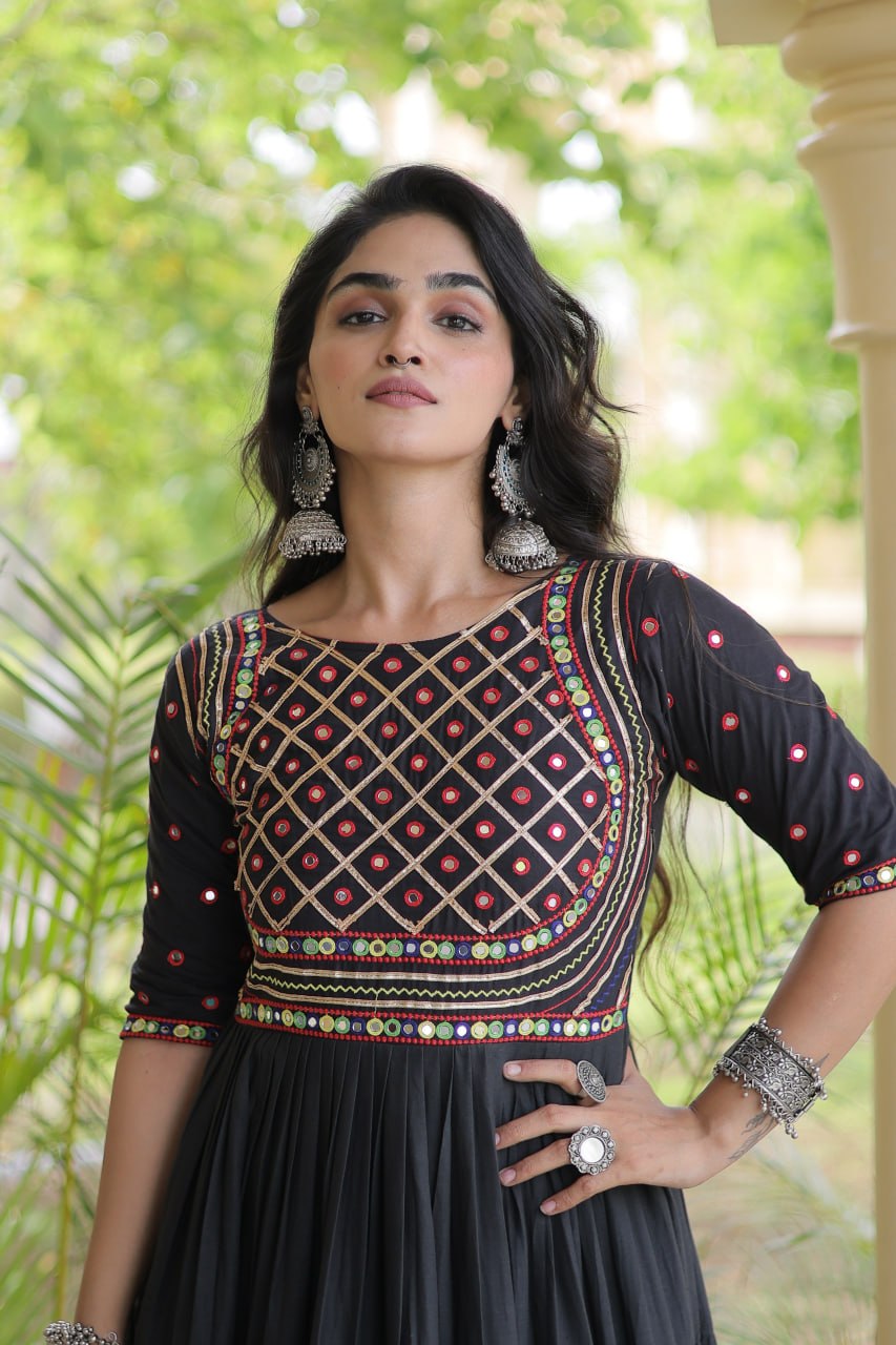 RangBhoomi Navratri Embroidered Kora Cotton Gown — Off-White & Black, 56" Length