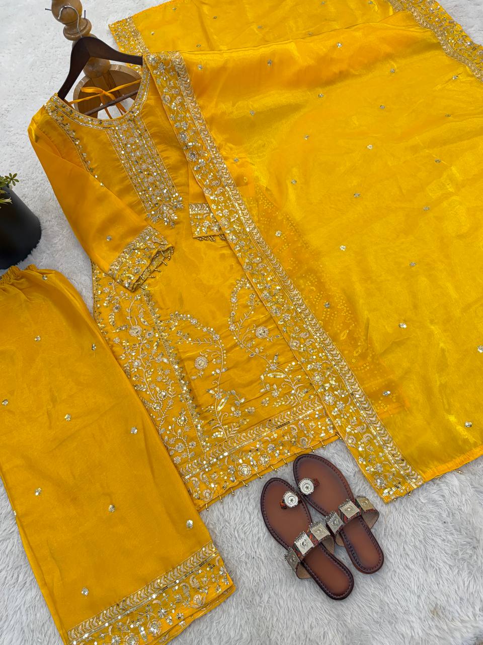 Elegant Designer Ready-to-Wear GMY Silk Three-Piece Set with Heavy Embroidery, Sequins, and Lace Border – Fully Stitched Top, Palazzo, and Dupatta