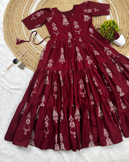 RangBhoomi Exclusive Hand-Block Printed Pure Cotton Warli Art Maxi Gown with Side Pocket