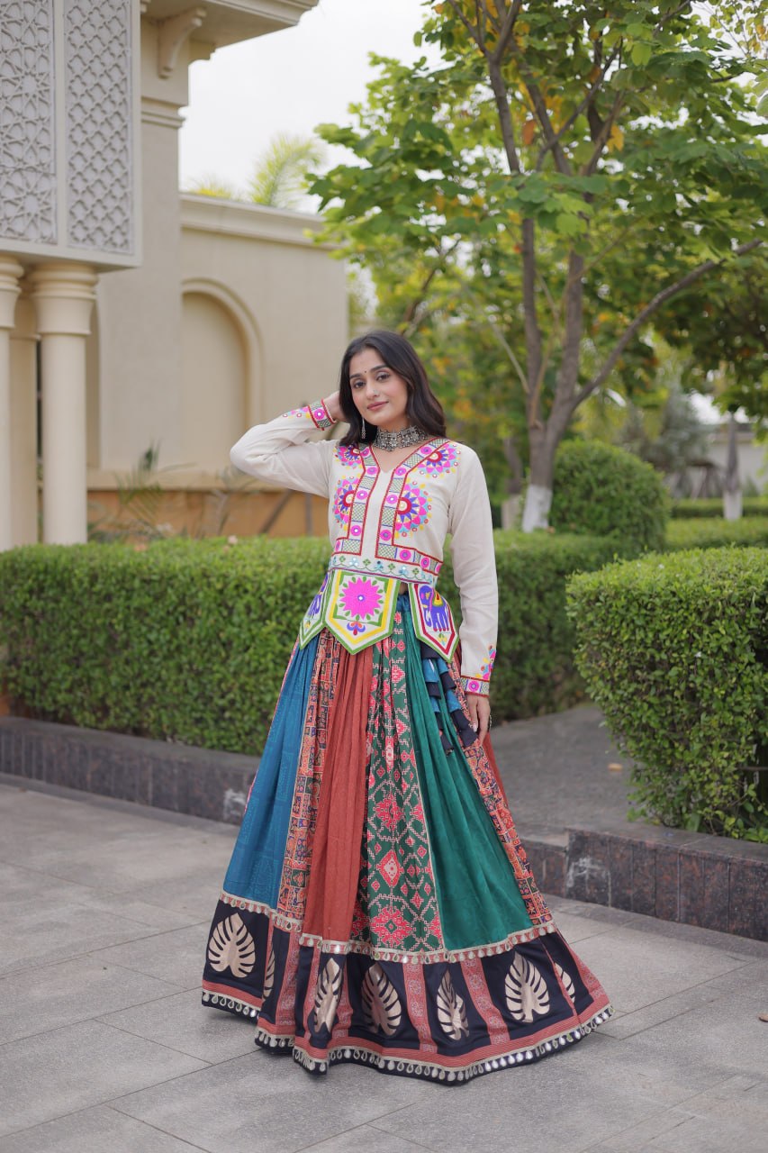 RangBhoomi Navratri Cotton Lehenga Set with Mirror Lace — Full-Stitched Festive Ensemble