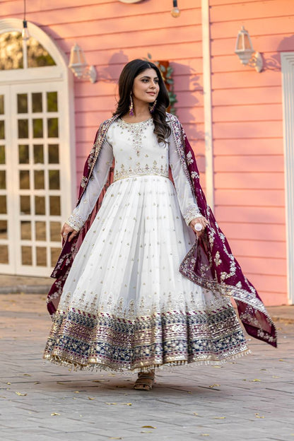 Elegant Party Wear Heavy Faux Georgette Gown with Embroidered Dupatta and Bottom Set