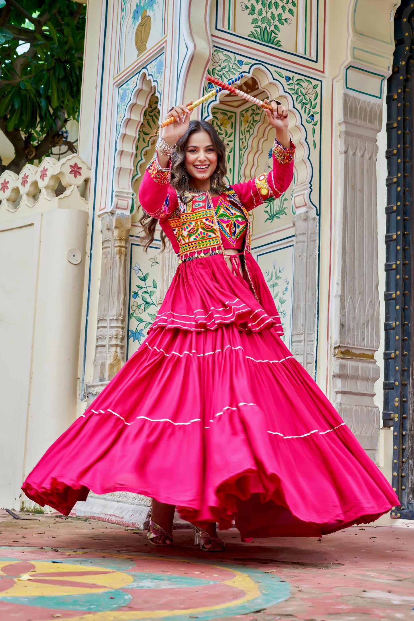 Navratri Special Gamthi Embroidery Lehenga Choli with Mirror and Ribbon Lace – Pure Cotton, Fully Stitched, 9 Meter Flair