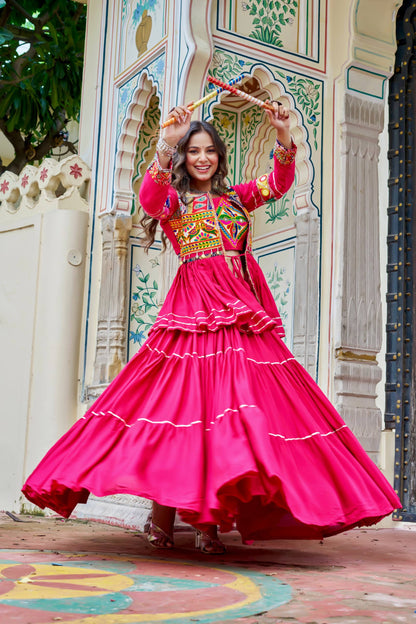 Navratri Special Gamthi Embroidery Lehenga Choli with Mirror and Ribbon Lace – Pure Cotton, Fully Stitched, 9 Meter Flair