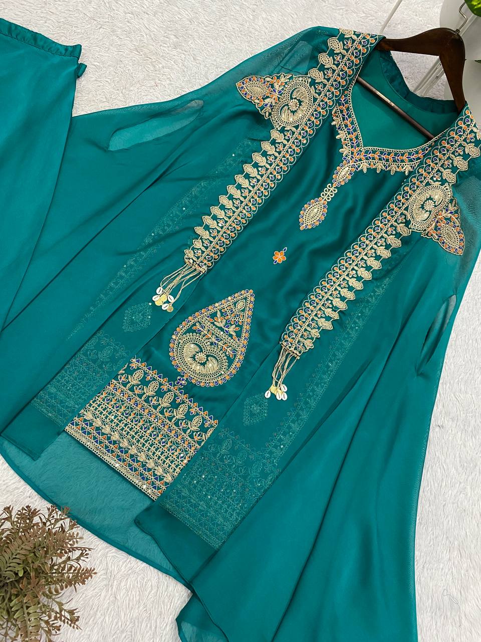 Wedding Season Exclusive: Elegant Designer Top with Corded Sequin Embroidery Paired with Palazzo Pants and Shrug Set by RangBhoomi