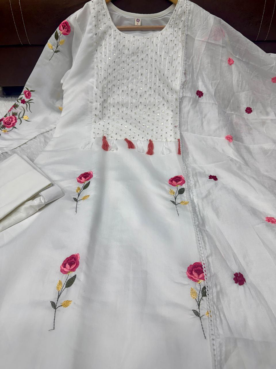 Elegant 3-Piece Festival Set in Premium Chanderi Silk with Gorgeous Embroidered Detailing and Matching Chanderi Dupatta