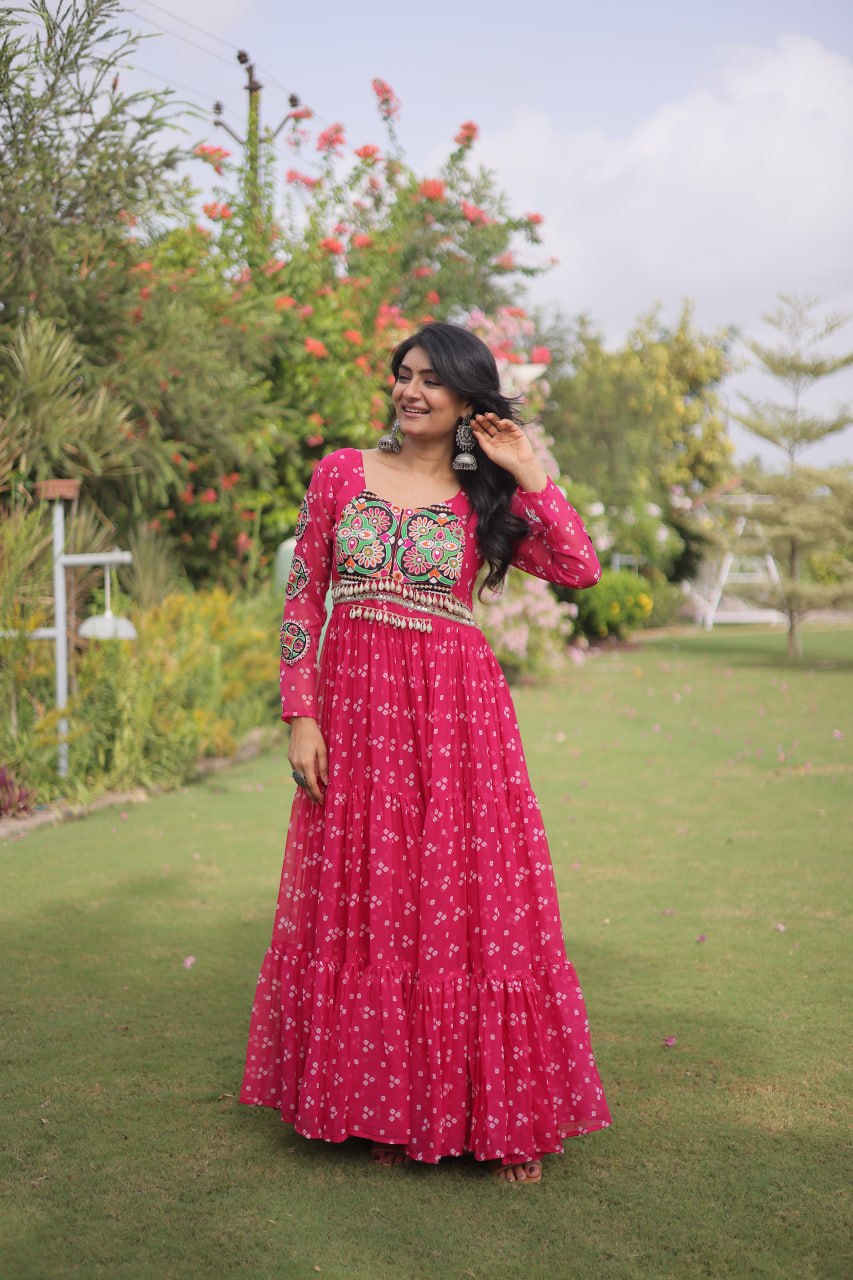 RangBhoomi Bandhani & Kutchi Patchwork Faux Georgette Gown — Full Sleeve, 12m Flair, Cotton Lining