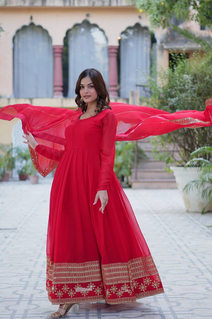 Embroidered Faux Blooming Gown with Dupatta