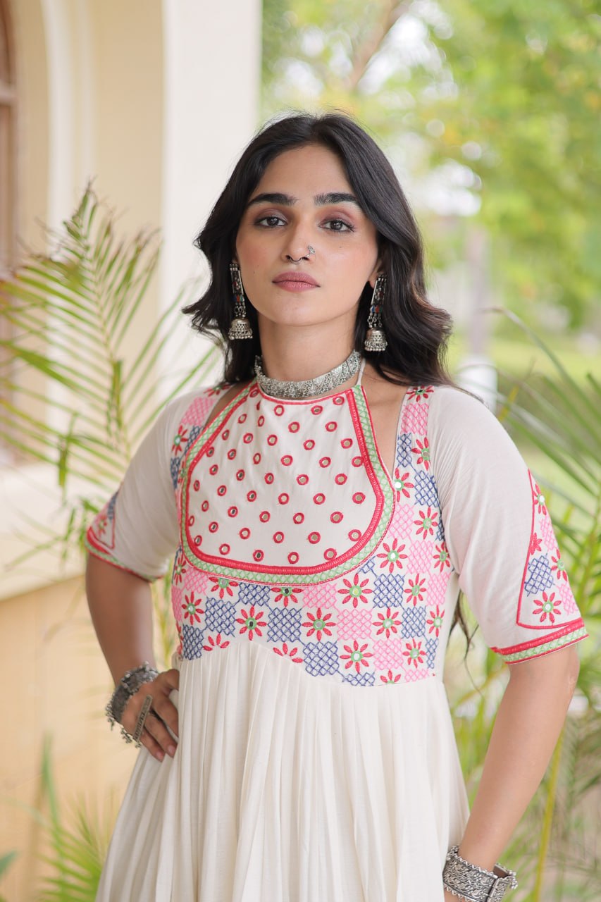 RangBhoomi Navratri Embroidered Kora Cotton Gown — 54" Festive Flair