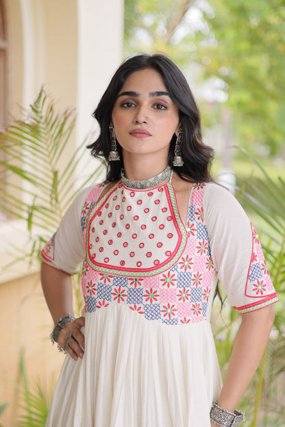 RangBhoomi Navratri Embroidered Kora Cotton Gown — 54" Festive Flair