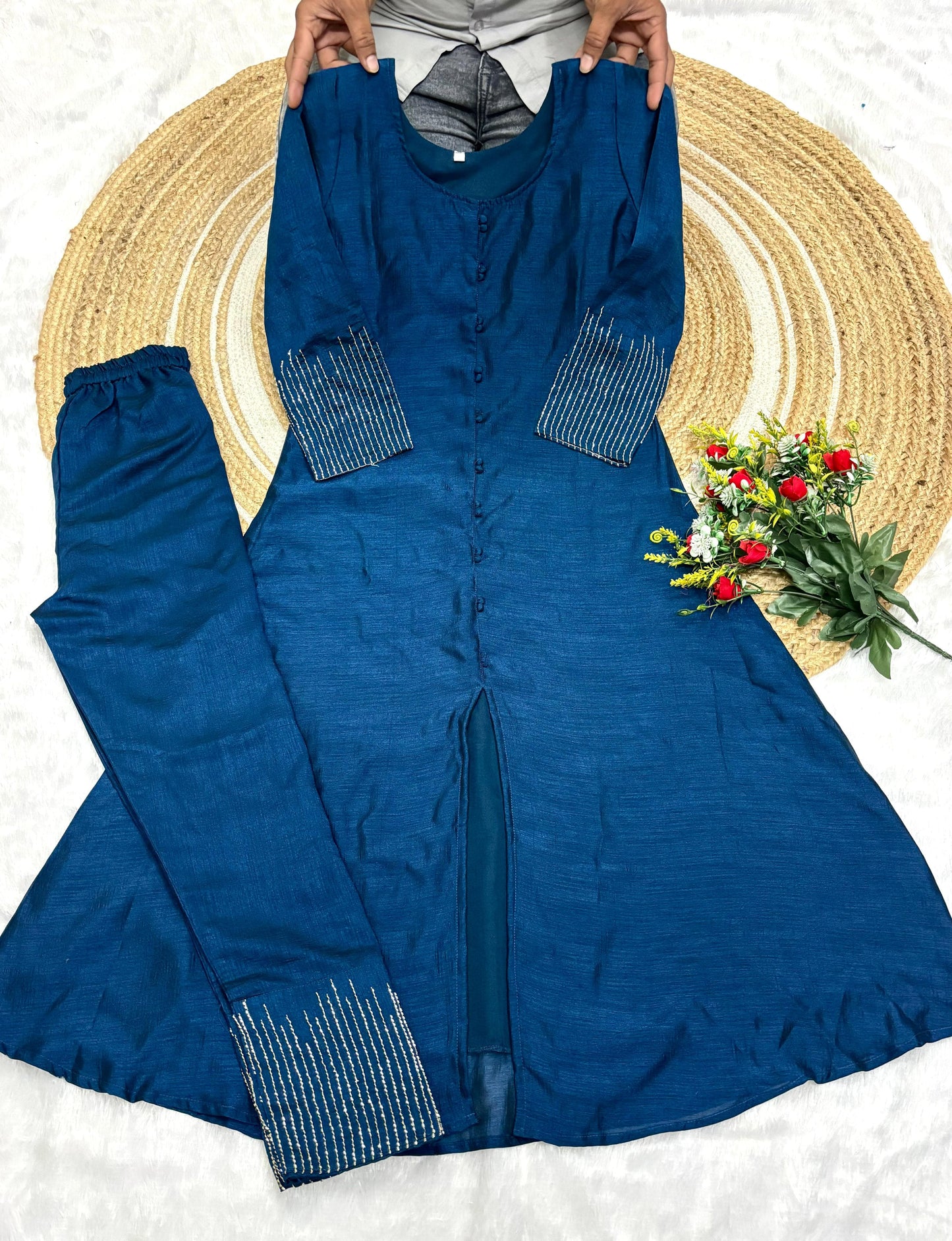 Elegant A-line Kurta Set in Luxurious Blooming Vichitra Silk