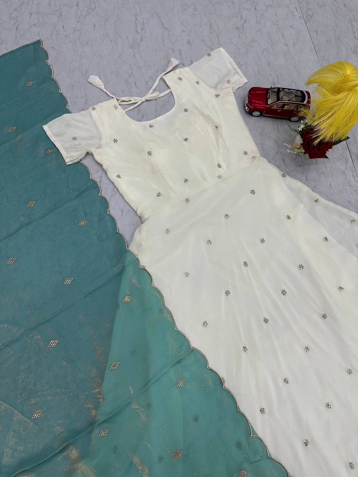 Embroidered Chonon Silk Gown with Sequins and Fendi Silk Dupatta, Fully Stitched, Sizes M to 2XL