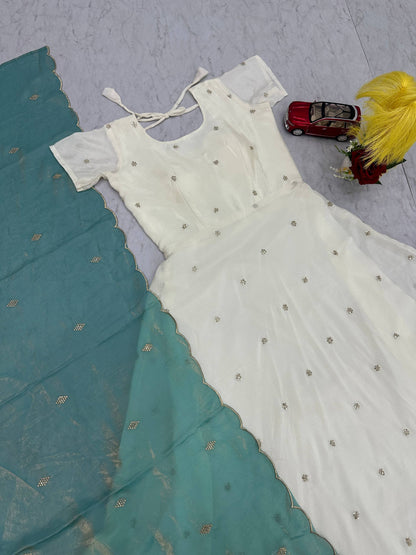 Embroidered Chonon Silk Gown with Sequins and Fendi Silk Dupatta, Fully Stitched, Sizes M to 2XL