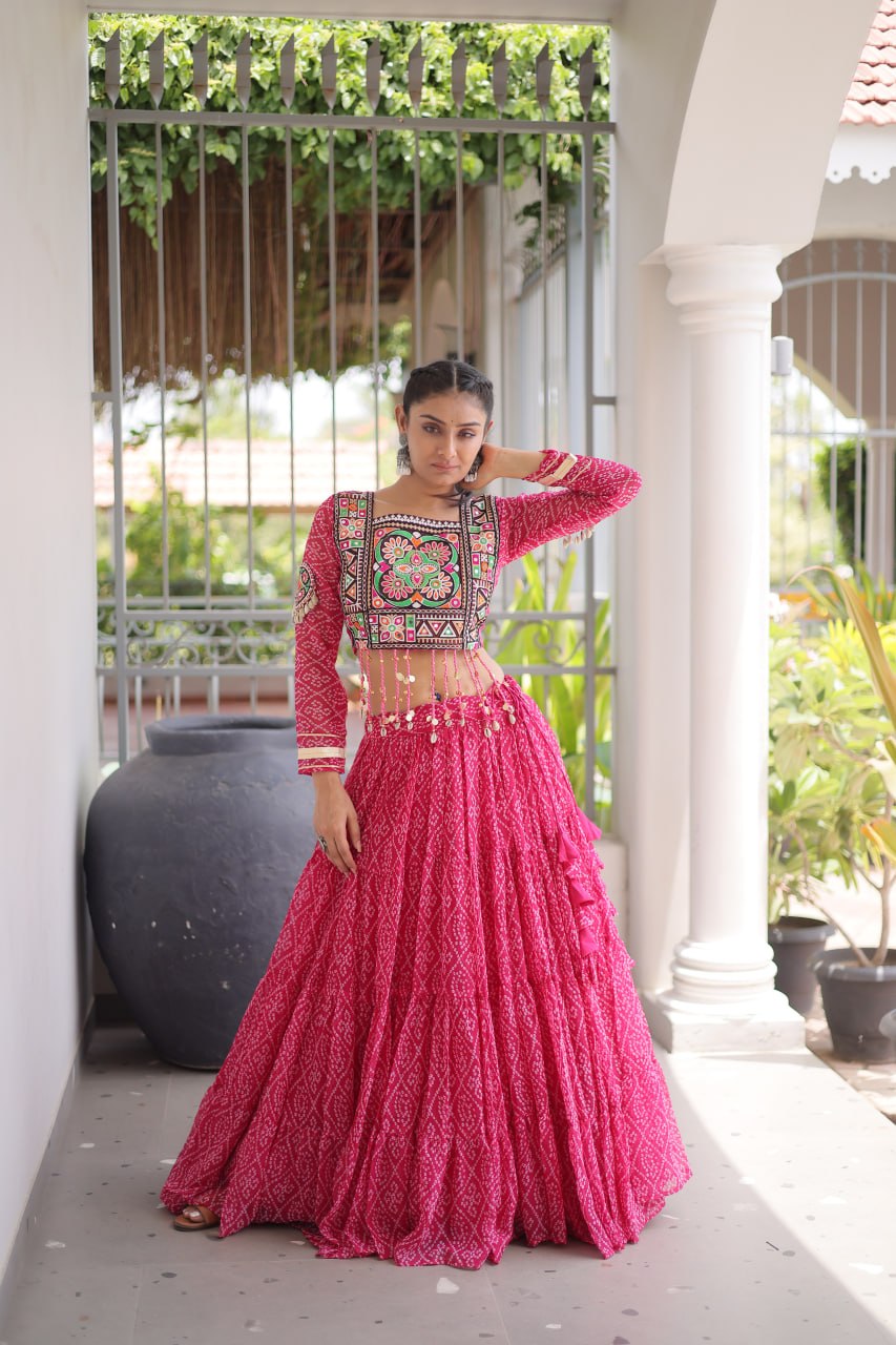 RangBhoomi Bandhni Faux Georgette Full-Stitched Lehenga Set with Designer Square Neck Blouse
