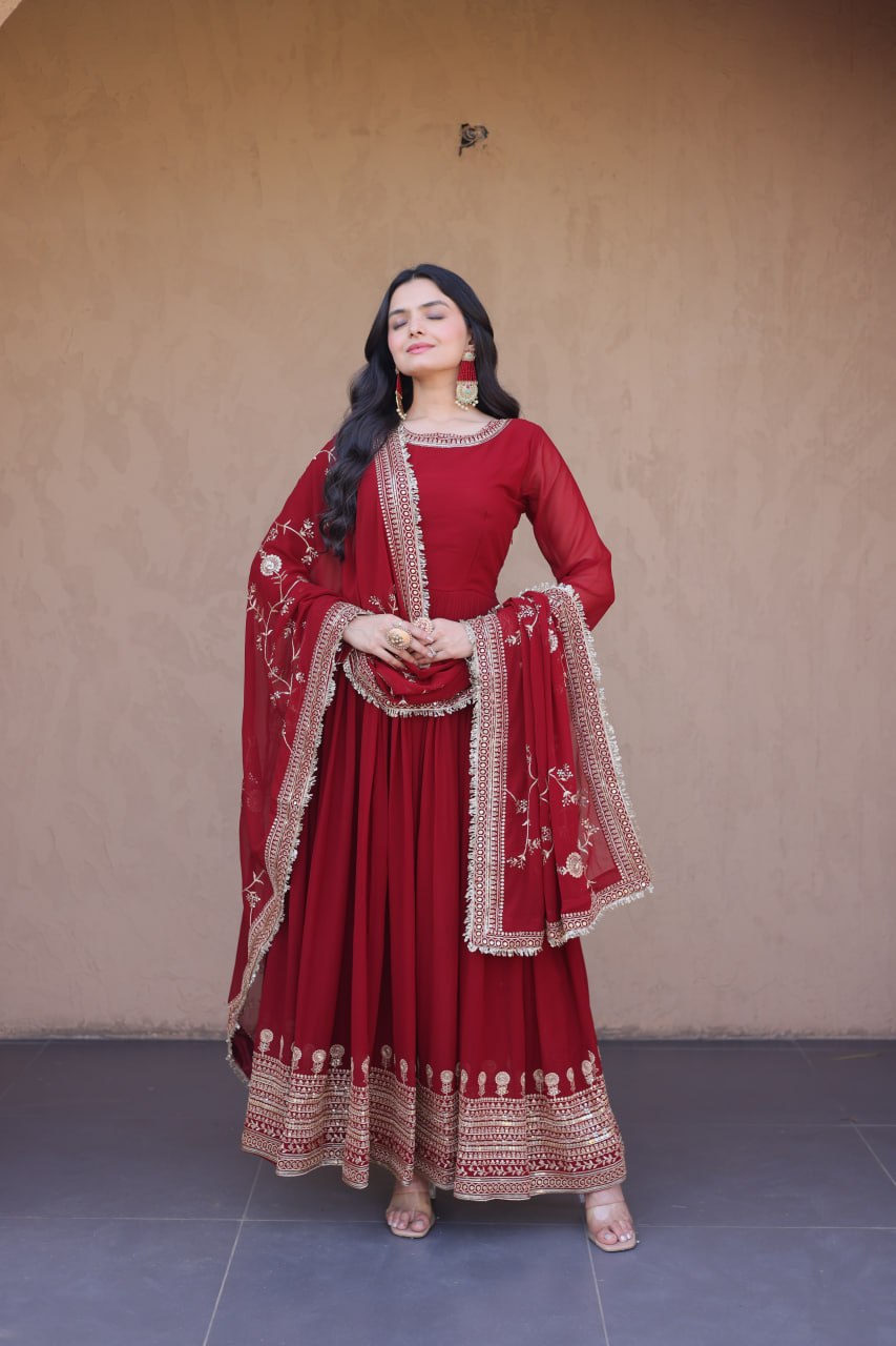 RangBhoomi Premium Maroon Embroidered Faux Blooming Ready‑Made Gown with Dupatta