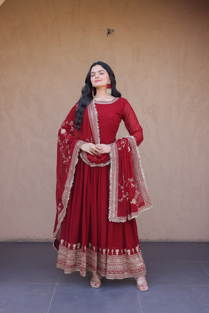 RangBhoomi Premium Maroon Embroidered Faux Blooming Ready‑Made Gown with Dupatta
