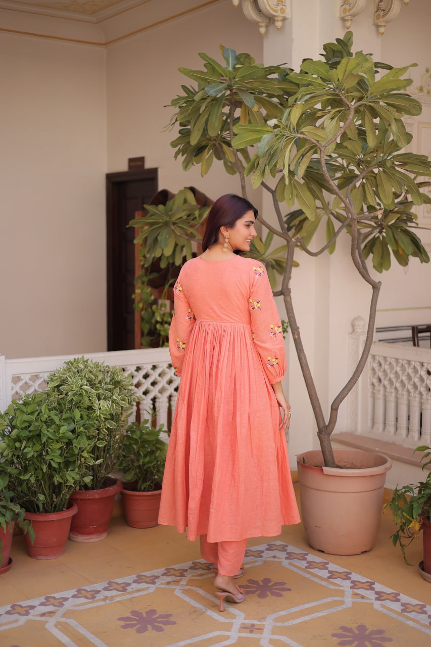 Premium Ready-to-Wear Embroidered Cotton Kurti with Matching Cotton Pants