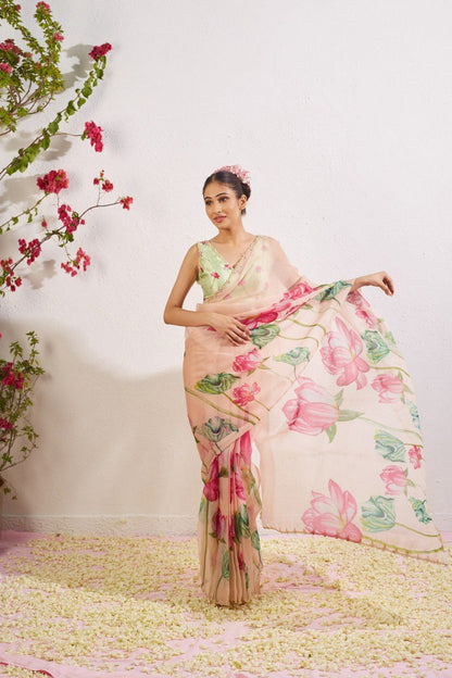 Ready to Wear Organza Saree - Floral Print, Lightweight