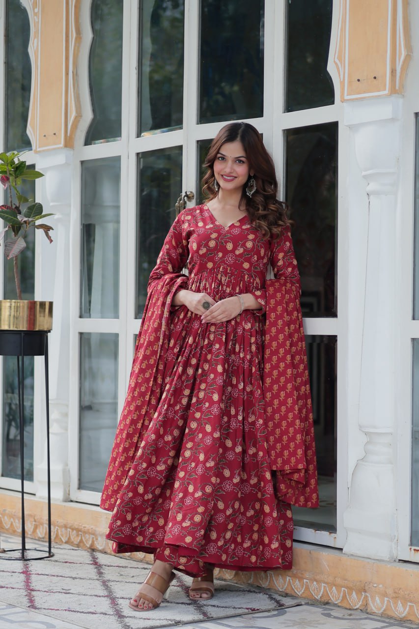Premium Gown Set: Cotton Kurti, Pant & Dupatta