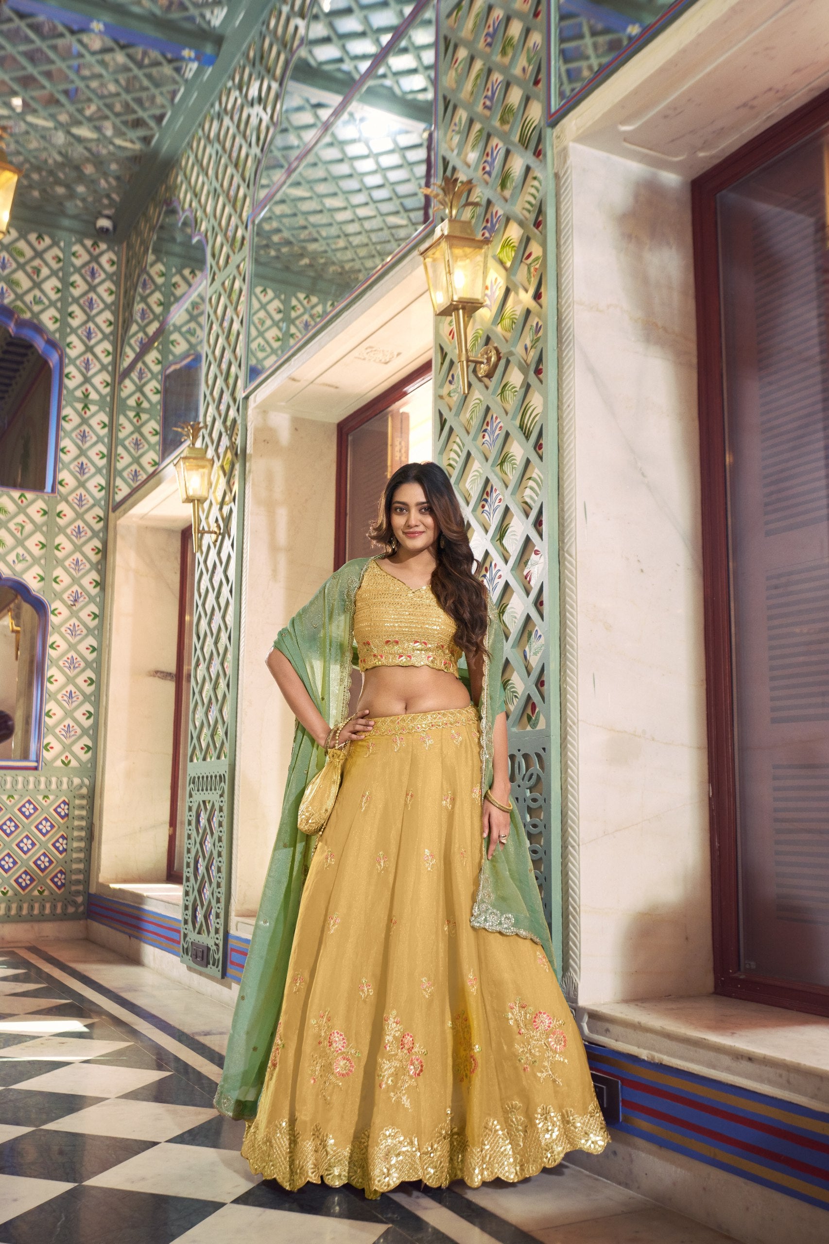 Sunlit Grace Pastel Green Embroidered Lehenga with Sequins and Thread Detailing