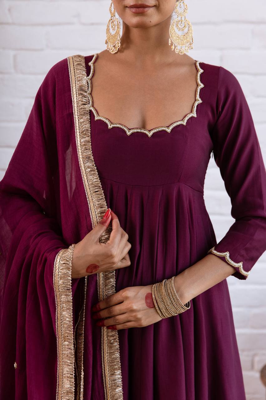 Elegant Anarkali Evening Gown with Beaded Detailing, Full Sleeves, and Vichitra Silk Fabric - Includes Bottom and Dupatta