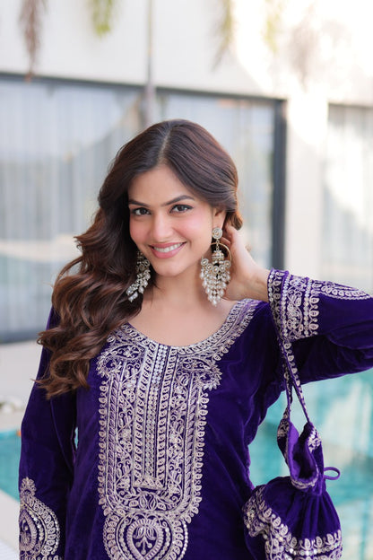 Ready-to-Wear Velvet Top and Pant Set with Embroidered Batwa from RangBhoomi Collection