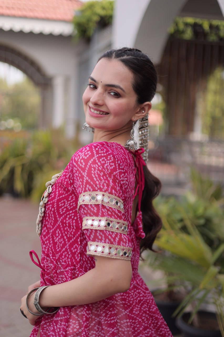 RangBhoomi Navratri 2026 Bandhani Lehenga Set — Full-Stitched Kora Cotton Lehenga with Faux Georgette Kurti
