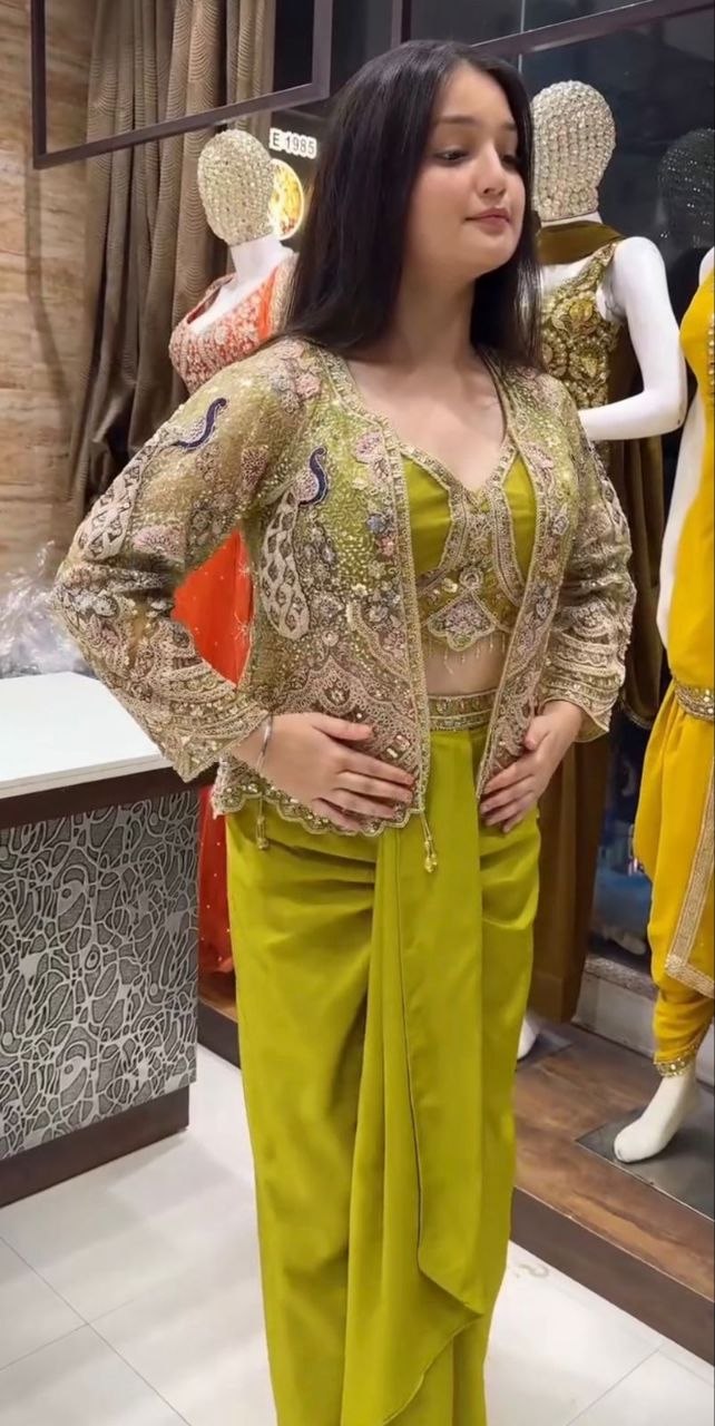 Trendy Party Wear Satin Lehenga with Embroidered Belt and Stylish Net Koti