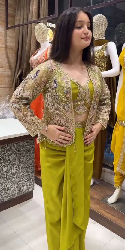 Trendy Party Wear Satin Lehenga with Embroidered Belt and Stylish Net Koti