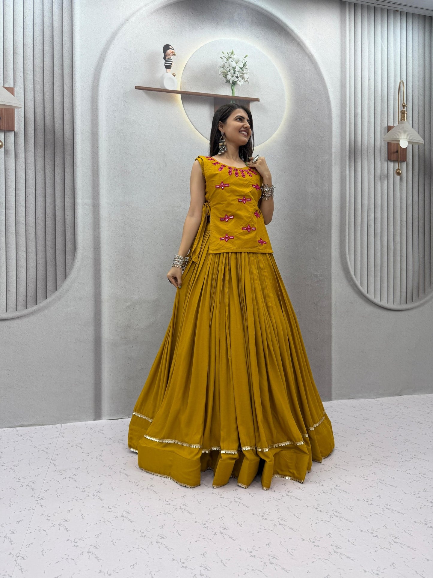 RangBhoomi Navratri Special Rion Cotton Lehenga Choli with Mirror Jacket - Fully Stitched, 6m Flair
