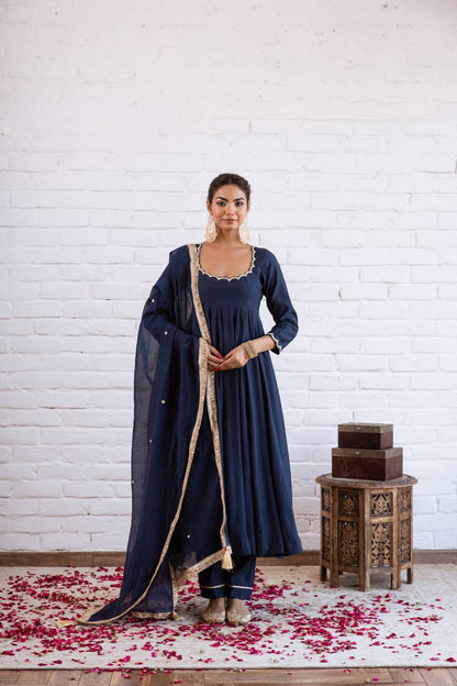 Elegant Anarkali Evening Gown with Beaded Detailing, Full Sleeves, and Vichitra Silk Fabric - Includes Bottom and Dupatta