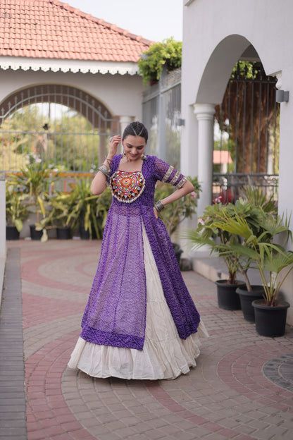 RangBhoomi Navratri 2026 Bandhani Lehenga Set — Full-Stitched Kora Cotton Lehenga with Faux Georgette Kurti