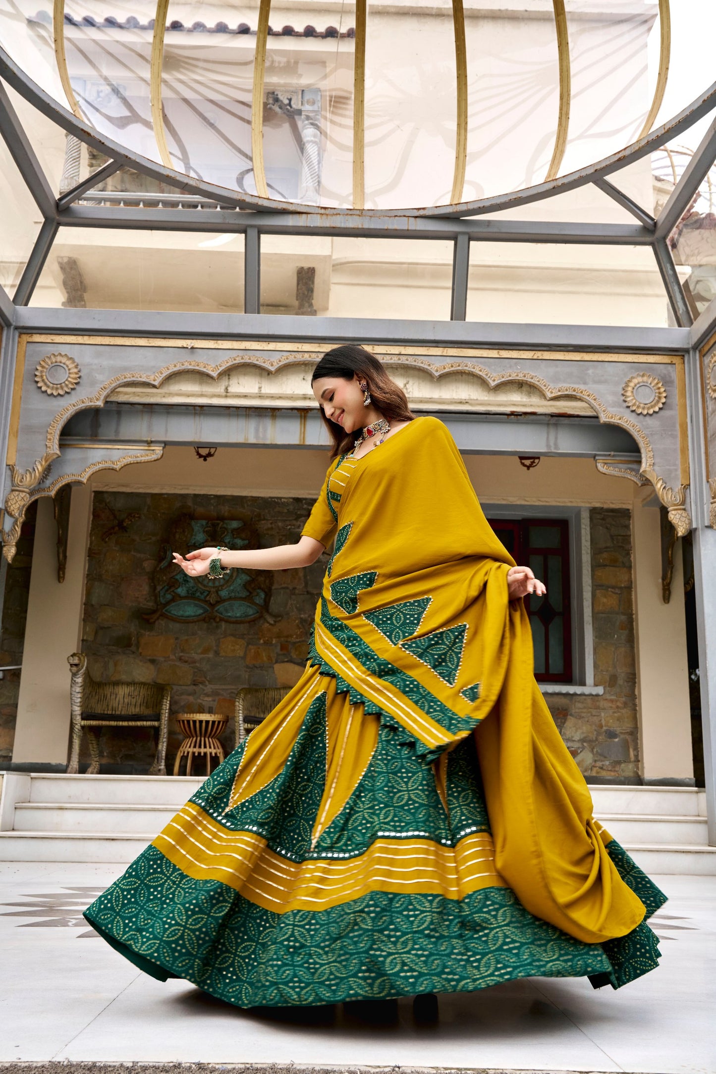 RangBhoomi Navratri 2026 Rayon Ajrakh Lehenga with Mirror Lace & Tassel Dupatta