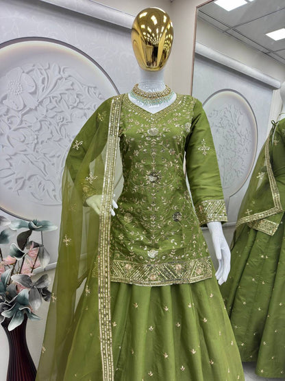Exclusive Designer Party Wear Collection - Elegant Full-Stitched Shimmer Silk Lehenga Ensemble