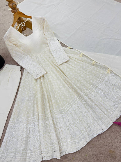Elegant Anarkali Gown Set with Bottom and Dupatta – Pure Kora Cotton, Fully Stitched, Ready to Wear