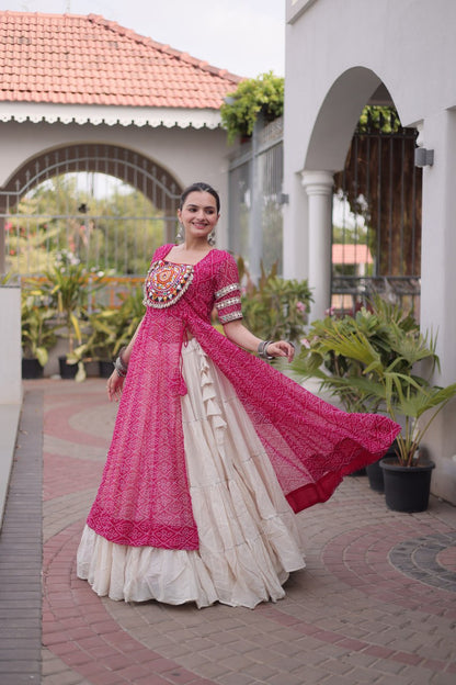 RangBhoomi Navratri 2026 Bandhani Lehenga Set — Full-Stitched Kora Cotton Lehenga with Faux Georgette Kurti