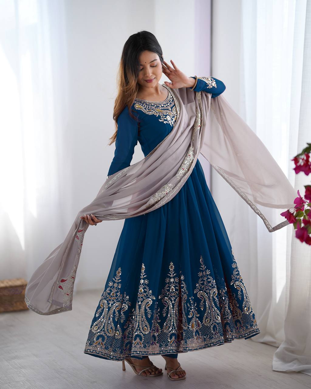 RangBhoomi Heavy Designer Party Wear Gown with Dupatta — Full-Sleeve Embroidered Georgette