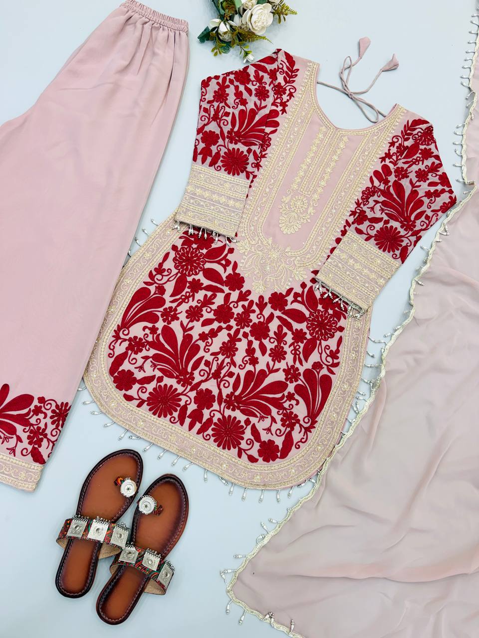 RangBhoomi Designer Party Top, Palazzo & Dupatta Set with Heavy Embroidery