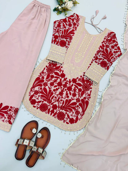 RangBhoomi Designer Party Top, Palazzo & Dupatta Set with Heavy Embroidery
