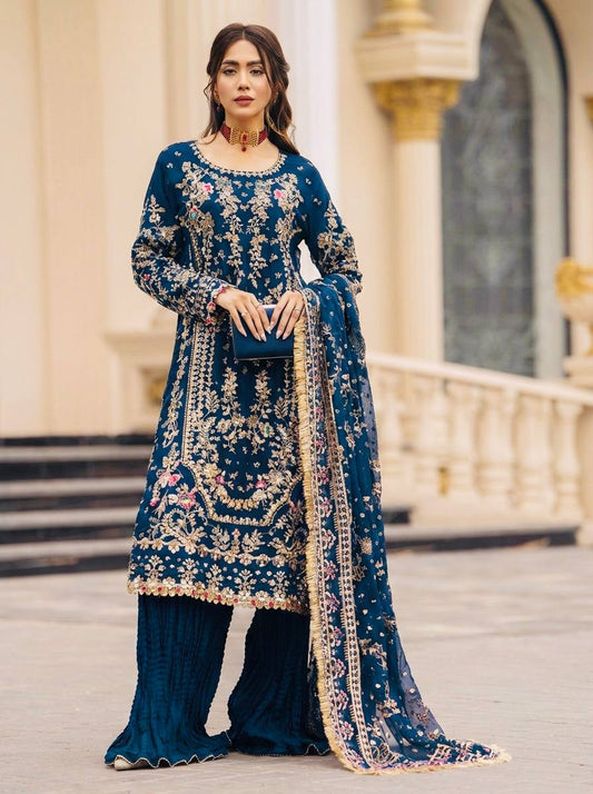 Elegant Ready-to-Wear Designer Set in Faux Georgette with Intricate Heavy Embroidery and Sequins - Fully Stitched Top, Bottom, and Dupatta