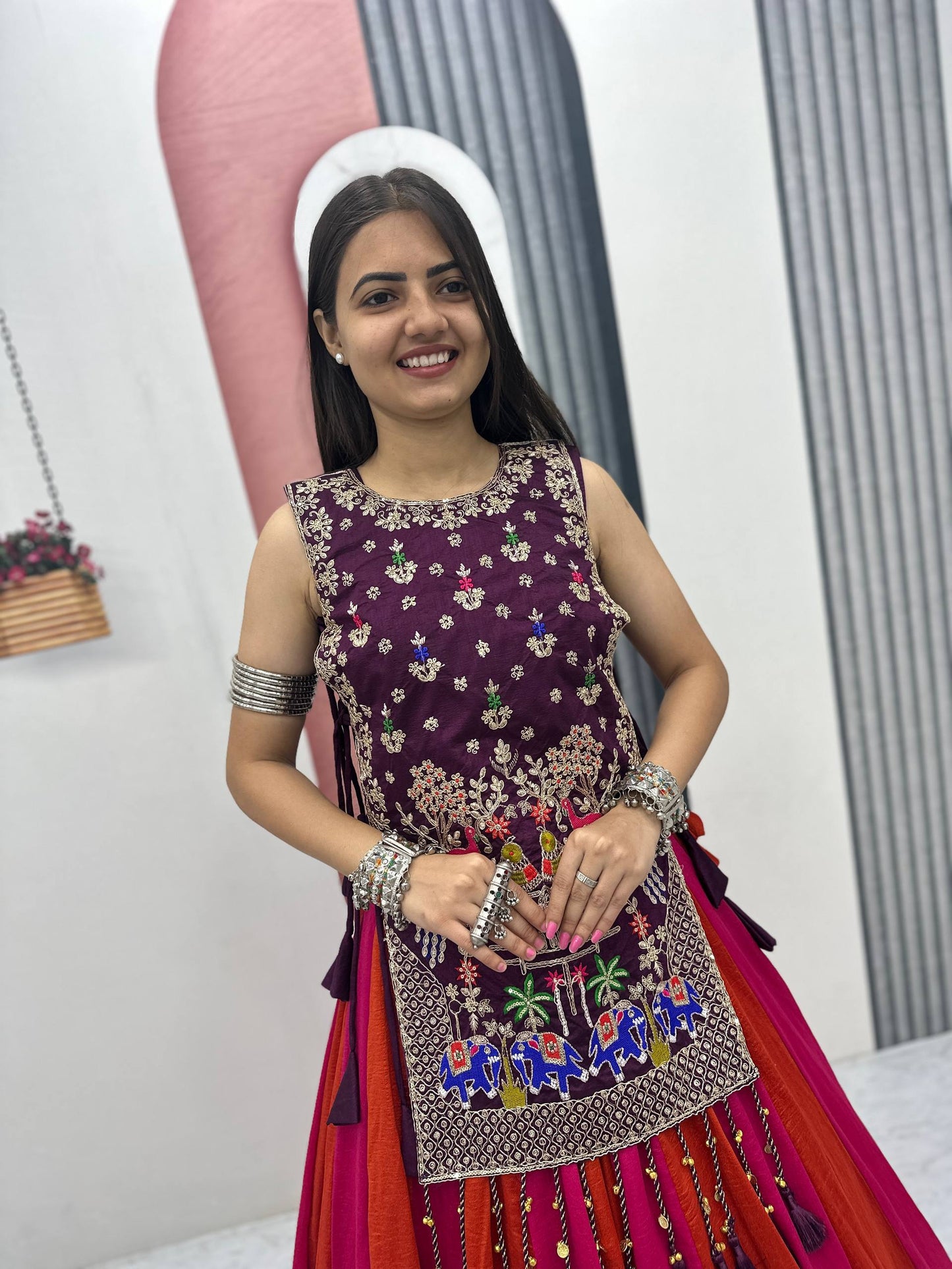 RangBhoomi Elegant Navratri Special Vichitra Silk Lengha Choli with Heavy Thread and Sequence Work Shrug