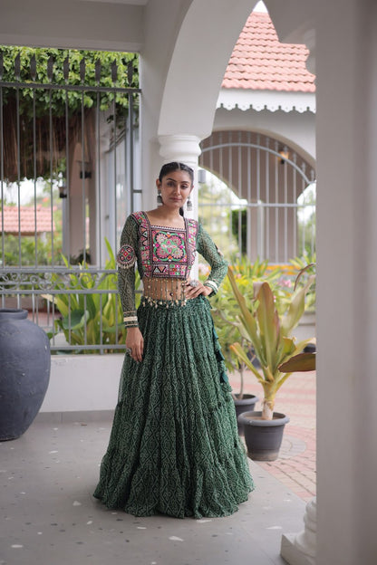 RangBhoomi Bandhni Faux Georgette Full-Stitched Lehenga Set with Designer Square Neck Blouse