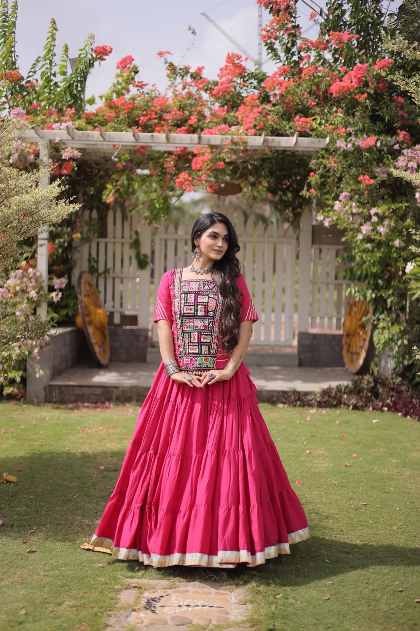 RangBhoomi Navratri 2026 Kora Cotton Full-Stitched Lehenga & Blouse Set — L (40", Adjustable 38–44)