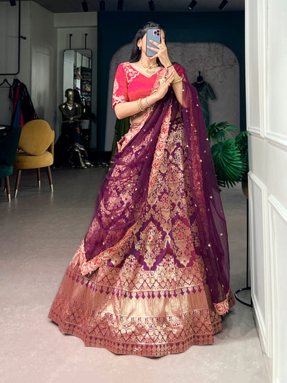 RangBhoomi Jacquard Silk Lehenga — Festive Embroidered Set with Net Dupatta