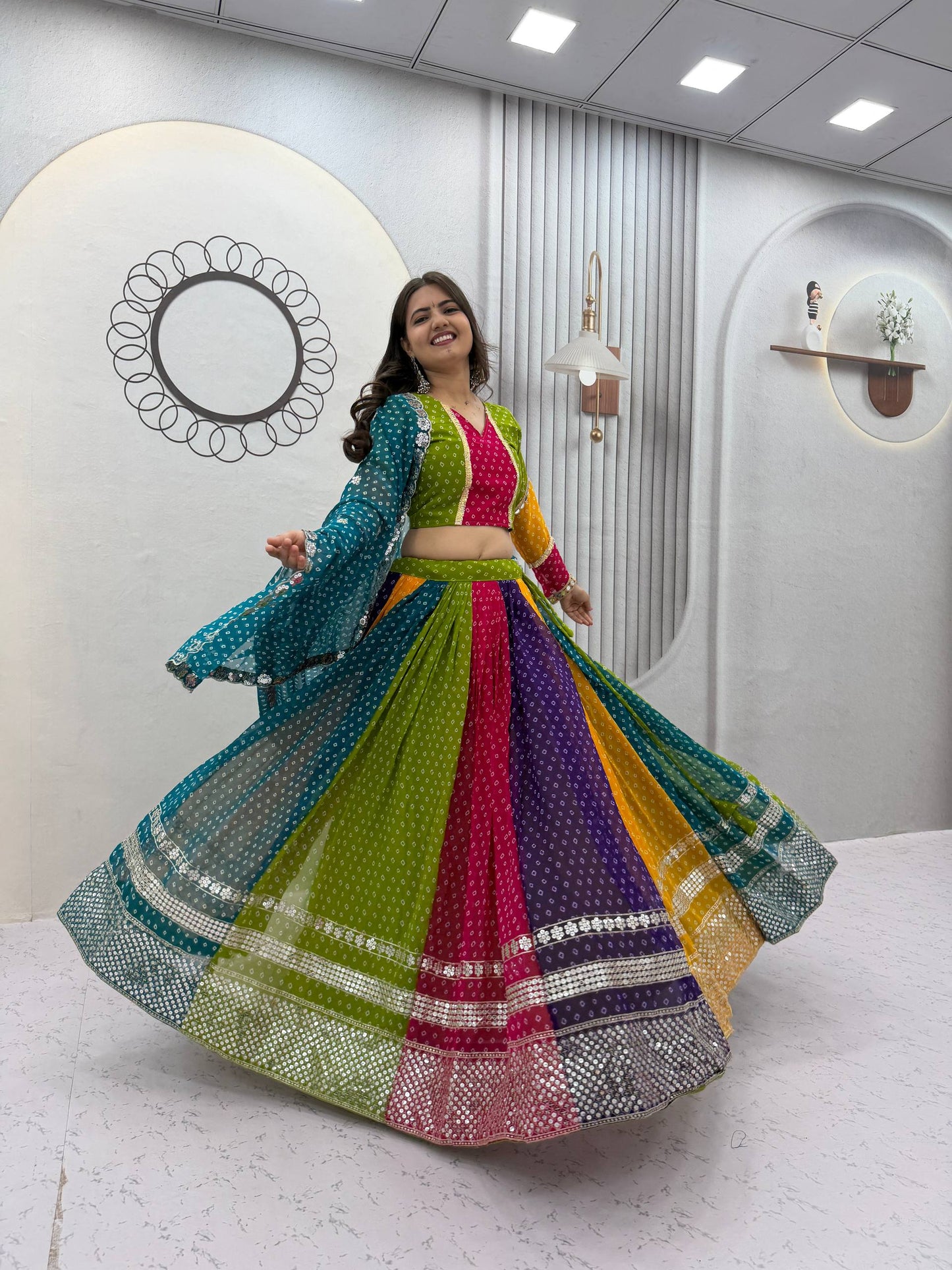RangBhoomi Navratri Special Georgette Lehenga Choli — 6m Flair, Micro Cotton Inner, Elegant Shivansh Work