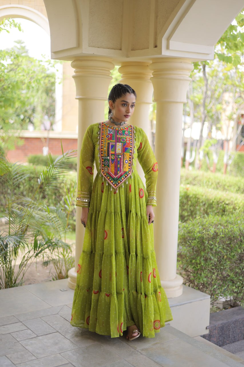 RangBhoomi Bandhani & Kutchi Patchwork Faux Georgette Gown — Navratri Collection 2026