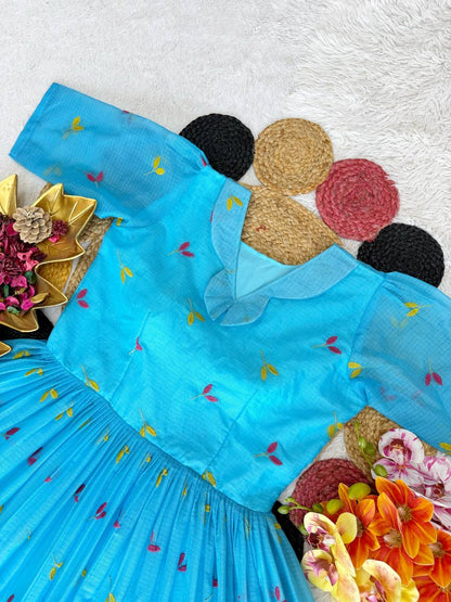 RangBhoomi Summer Floral Embroidered Kota Checks Midi Gown - Soft Kota, Micro Cotton Lining