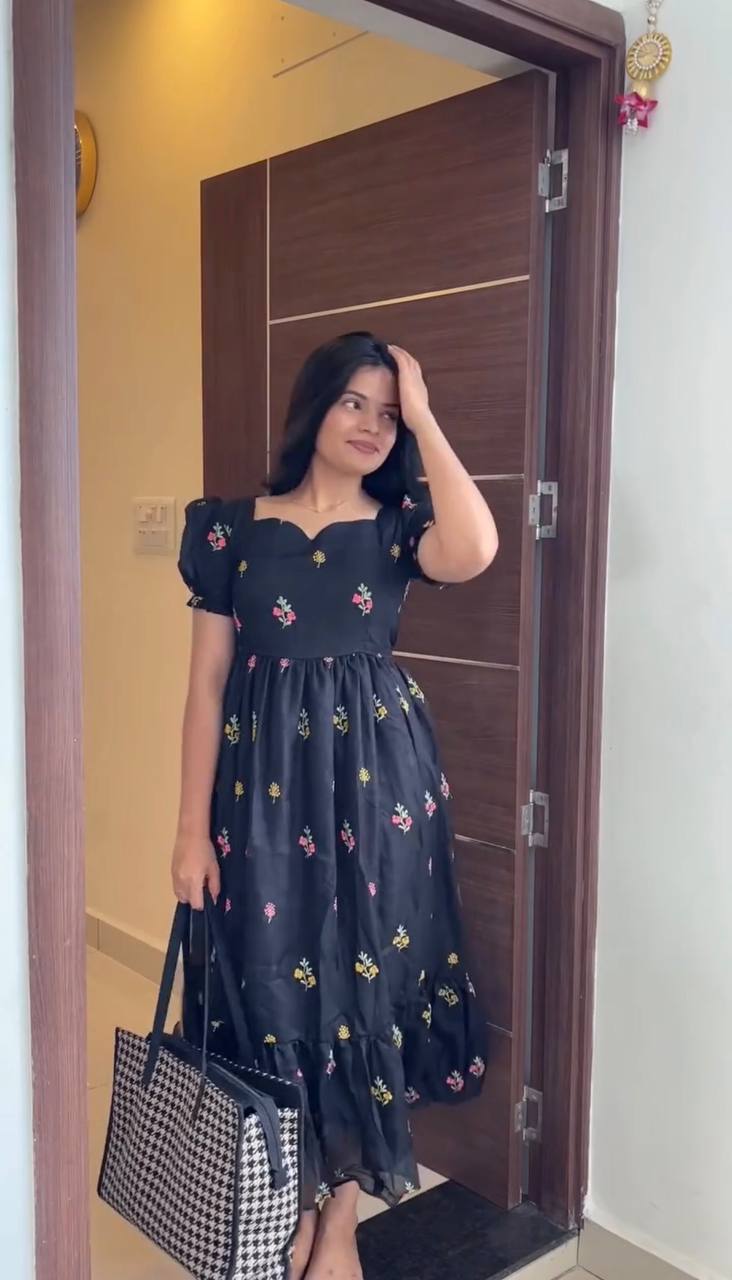 RangBhoomi Summer Floral Embroidered Kota Checks Midi Gown - Soft Kota, Micro Cotton Lining