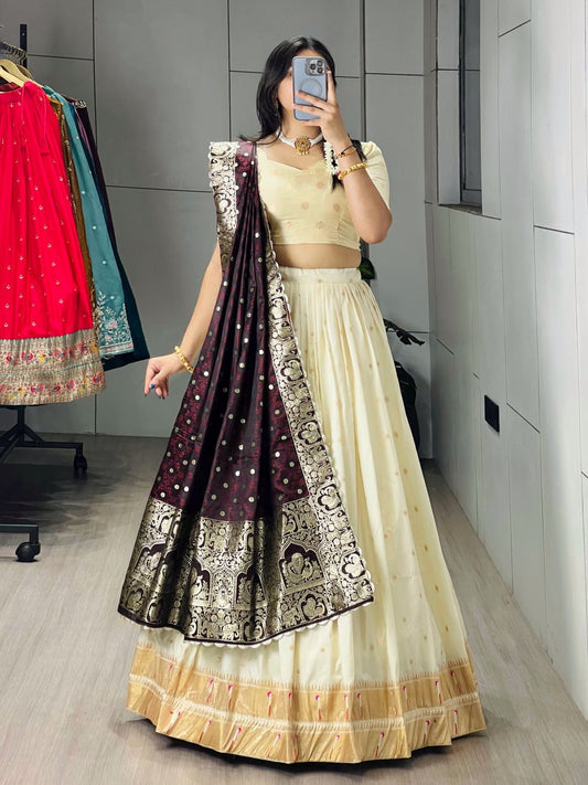 Exquisite Paithani Silk Lehenga Choli with Iconic Gold Zari Border and Satin Silk Dupatta