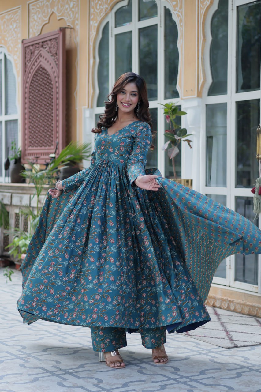 Premium Gown Set: Cotton Kurti, Pant & Dupatta