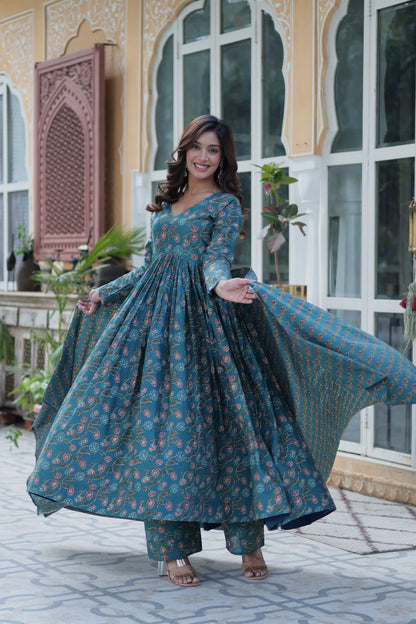 Premium Gown Set: Cotton Kurti, Pant & Dupatta